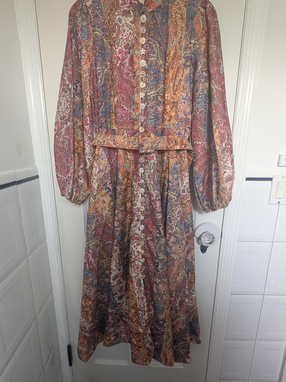 Ina Paisley Long Sleeve Midi Dress in Red, Blue & Gold Tones